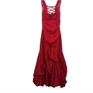 FORMAL Red Satin Gown JEWELED Long Dress Prom Holiday Steampunk Balloon Sz 11